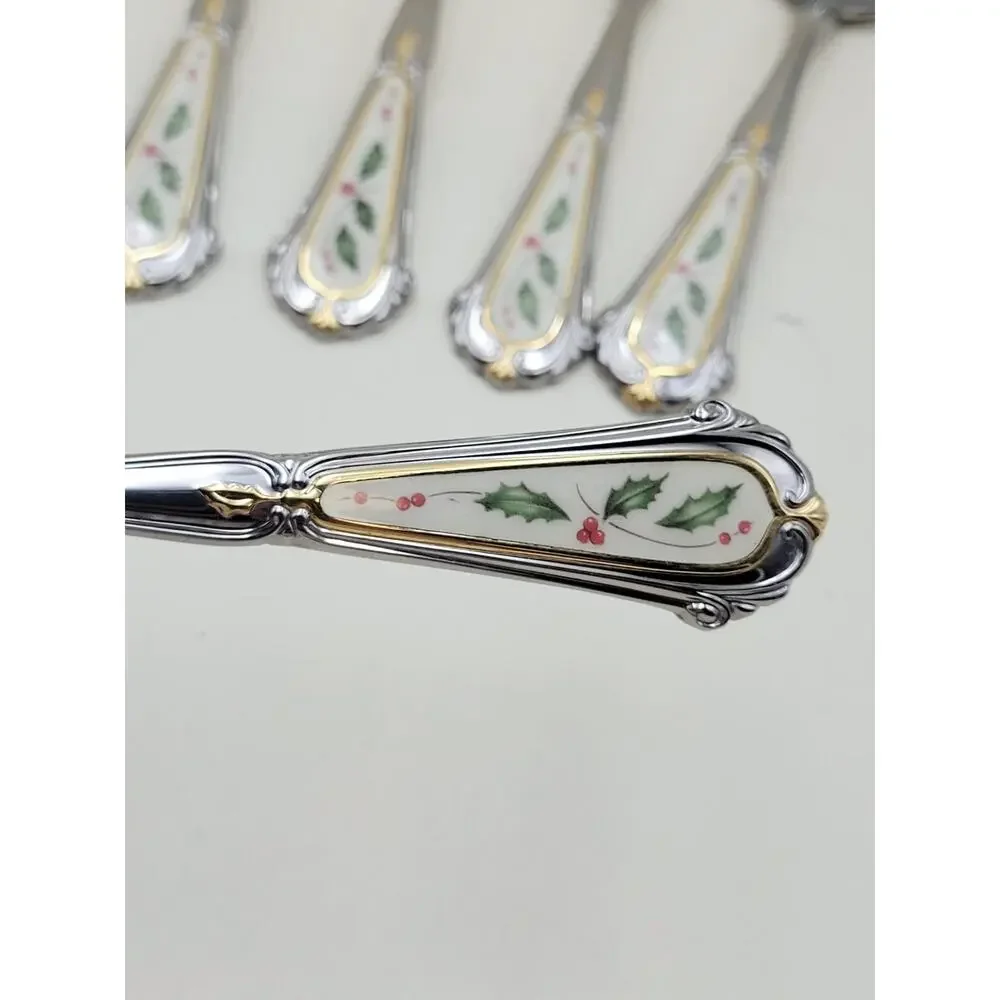 Lenox Holiday 18/8 Stainless Steel Serving Flatware Set of 11 Holly Gold Accent